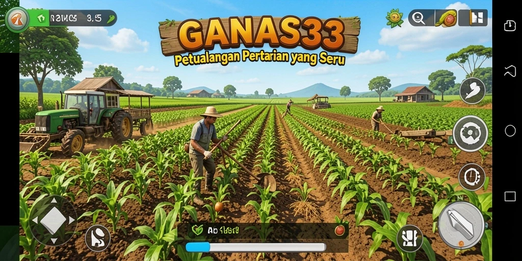 Screenshot GANAS33 menampilkan kebun yang subur dan interaksi pemain.
