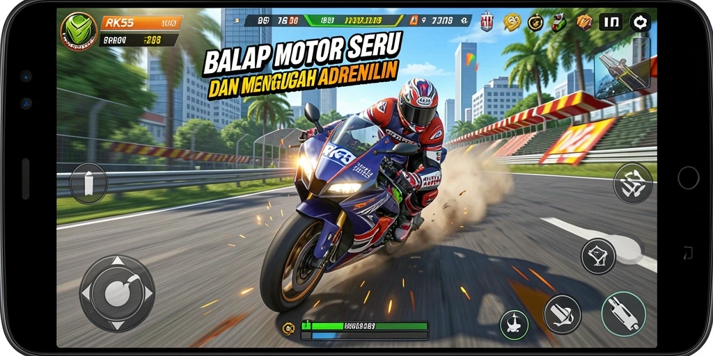 Tangkapan layar RK55 menunjukkan momen balap motor yang mendebarkan.